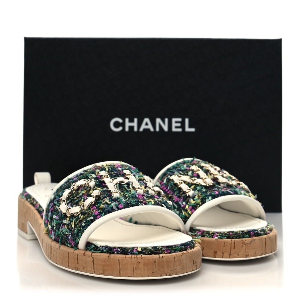Chanel Tweed Slides Cork Mule Heel 21C White Sandals Slides Size 39 - Picture 6 of 12